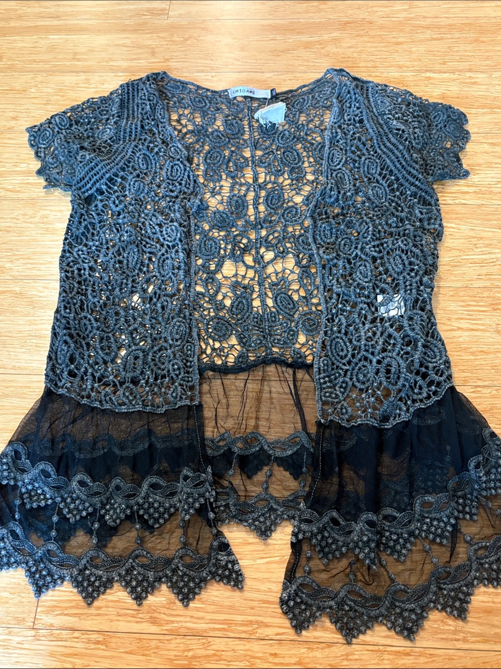 Origami Black Swirl Crochet Lace Tulle Ruffle Hem Vest Jacket Boutique NWT M/L